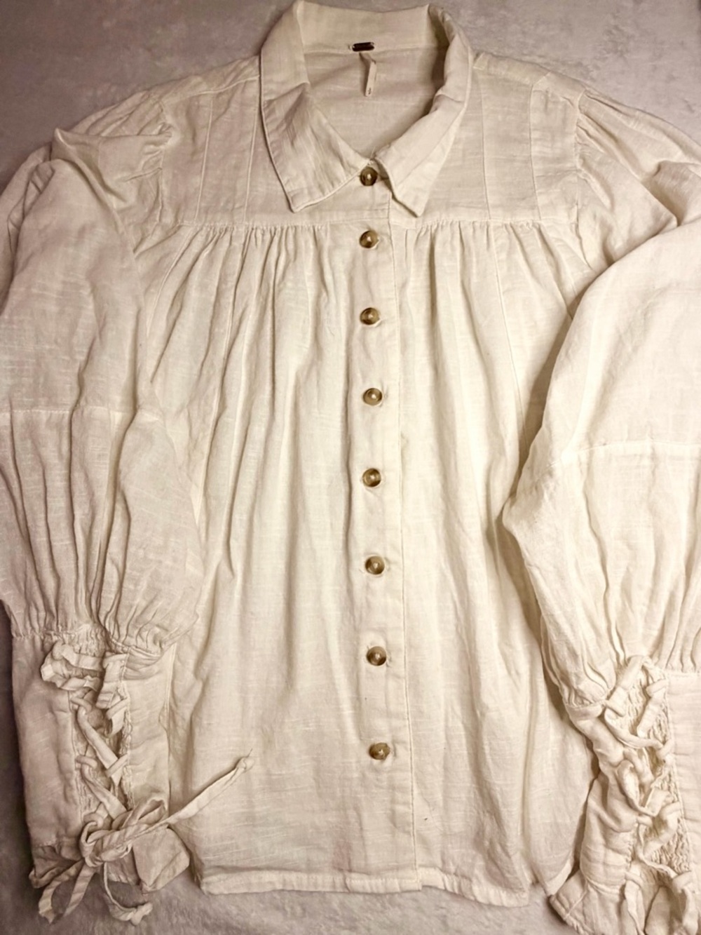 Free People Boho Blouse Small Ivory Lace Up Sleeve Top Button Front